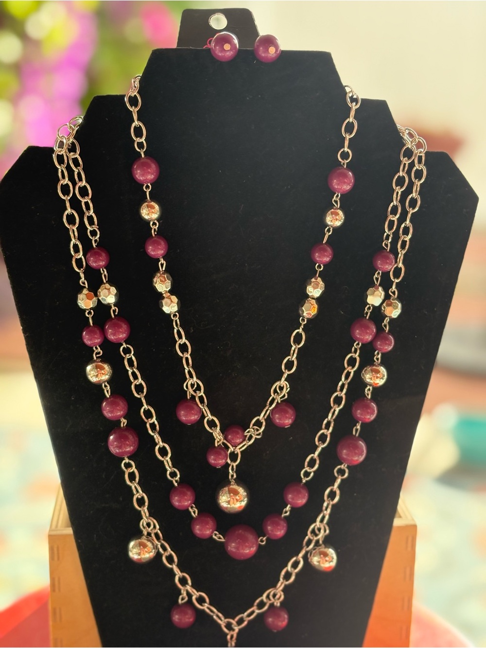 Very long Multi-Strand Purple Bead Necklace and Earring Set